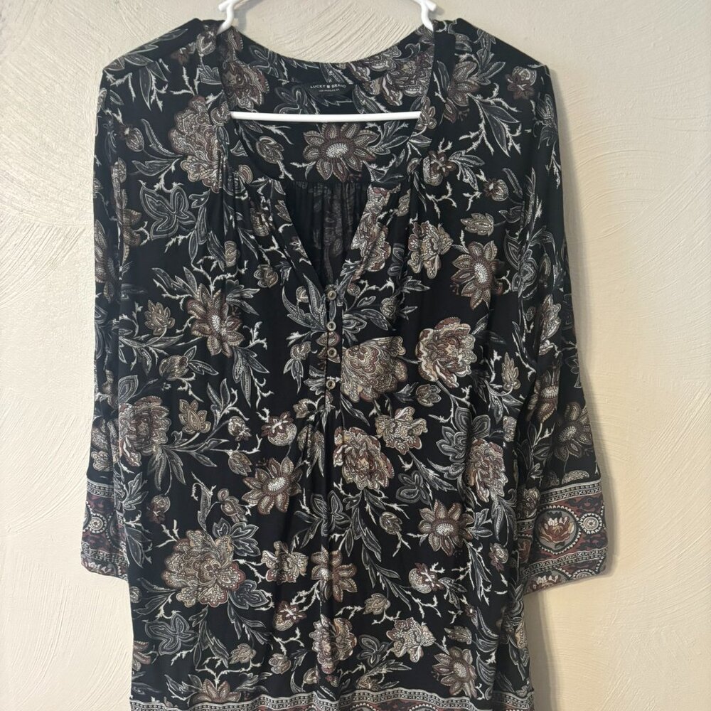 Lucky Brand Womens Paisley Floral Print 3/4 Sleeve Top Size 1X 1/4 Button